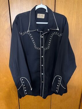 Scully Black Western Shirt with White Piping and Silver Studs
